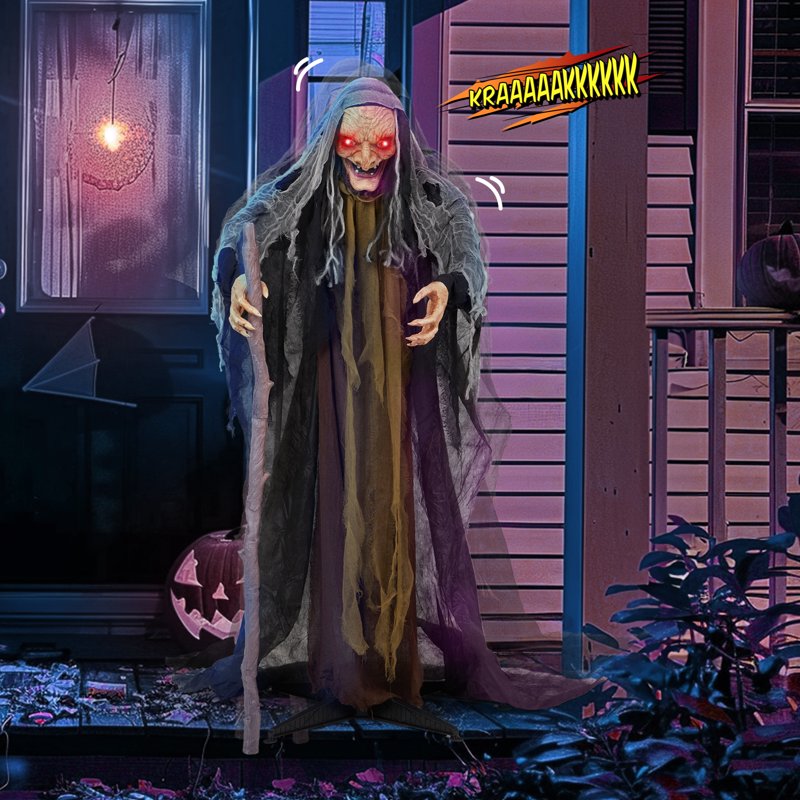 Yescom 5.3ft Animated Witch Halloween Decoration with Sound-Activated LED Eyes