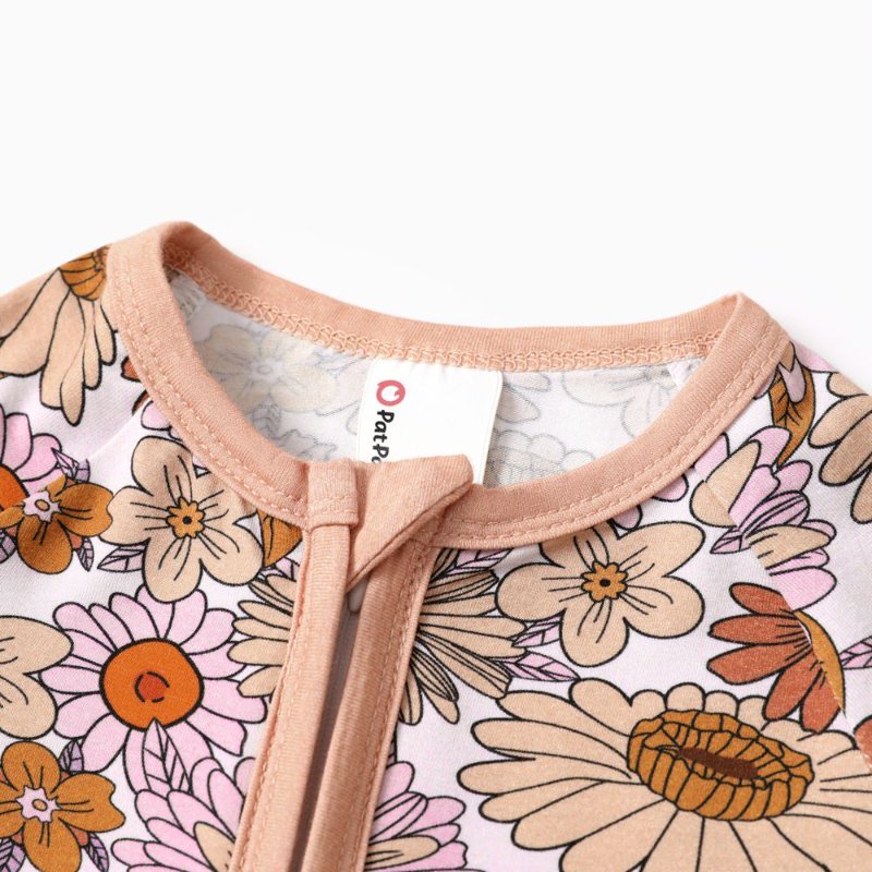 Baby Girl Pajama Set with Floral Print - 9-12 Months, Snug Fit, Bamboo Fabric, Zip Sleepwear, Variation 3#Flowers