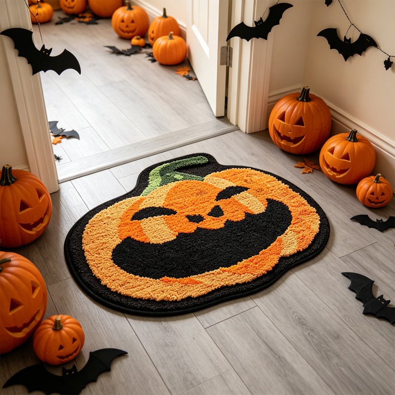 Pumpkin Bath Mat - Cute Orange Shaggy Rug with Non-Slip Back - Variation D