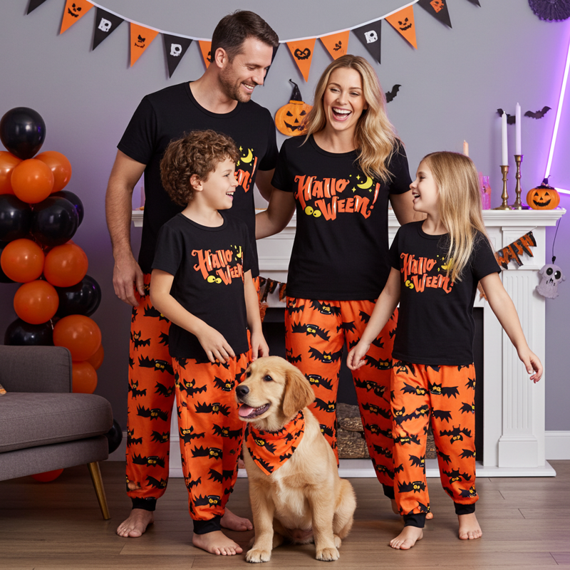 Halloween Bat Pajama Set for Women - L Size, Family Matching Sleepwear