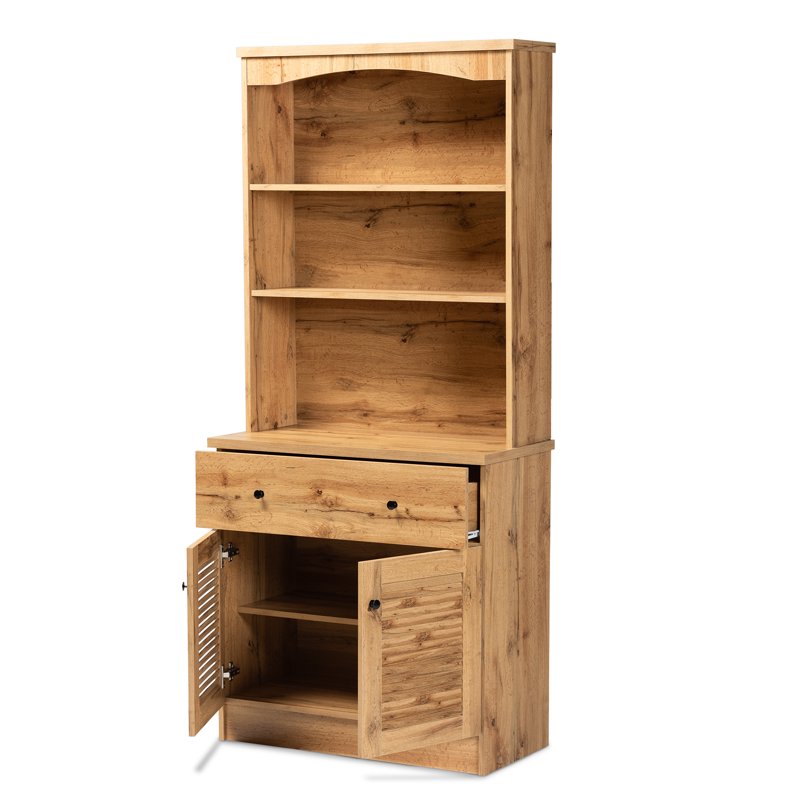 Modern Oak Brown Wood Buffet and Hutch Kitchen Cabinet