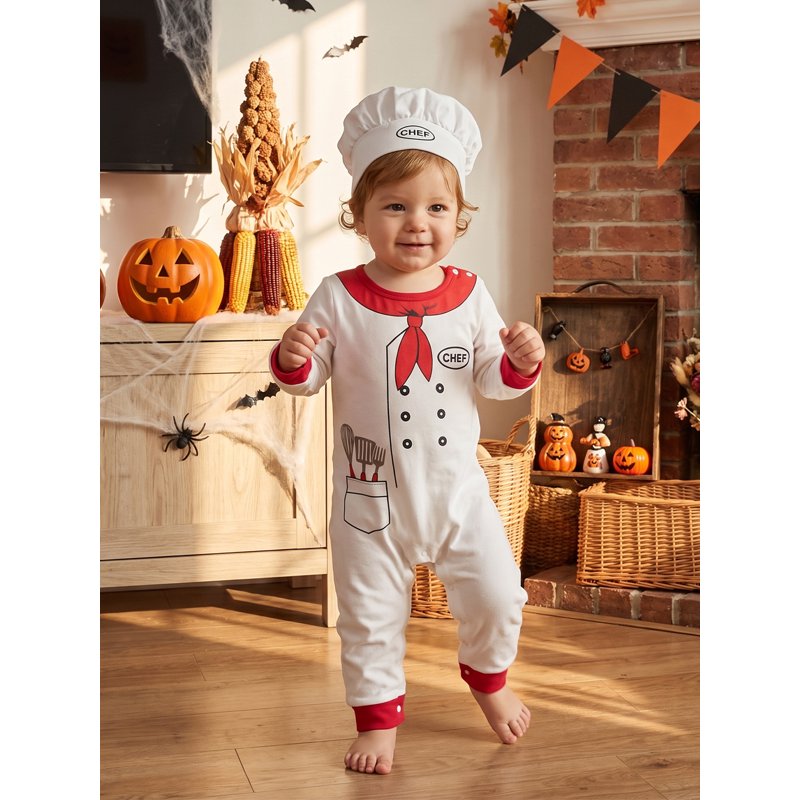 Toddler Baby Chef Costume Set 3-6 Months Long Sleeve Romper & Hat - White