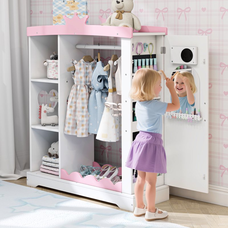 Kids Armoire with Mirror and Jewelry Storage - White Princess Style Wardrobe for Children