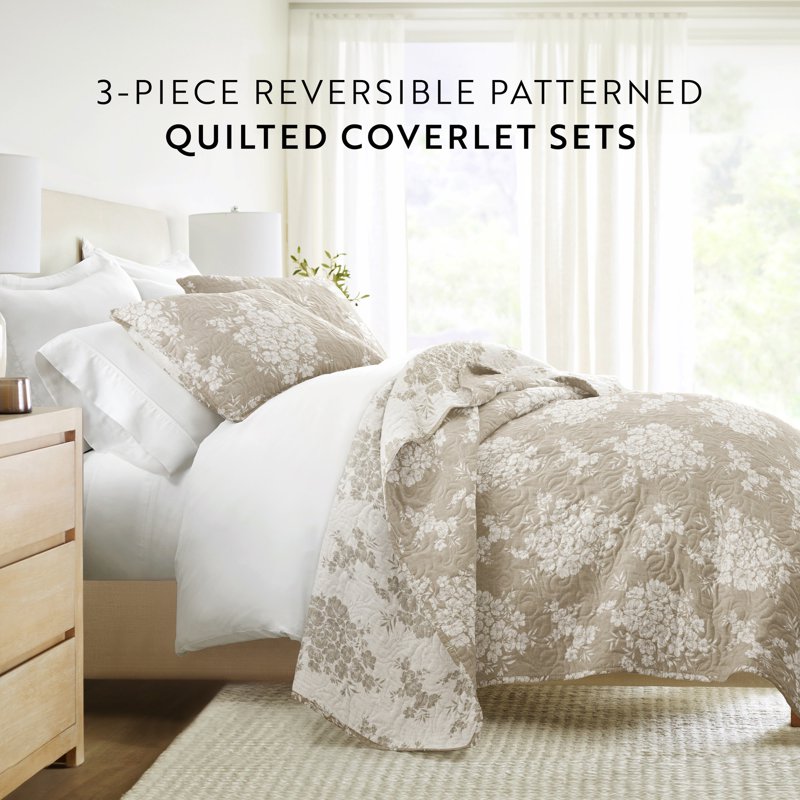 Queen Taupe Distressed Bouquet Reversible Quilt Set - Soft & Durable Bedding