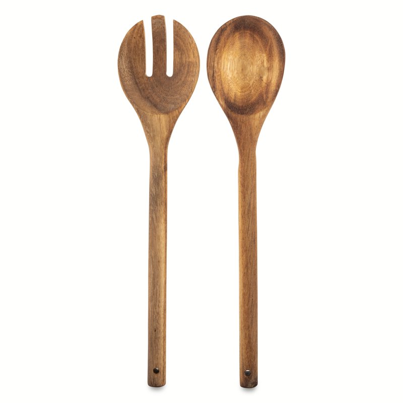 Ceramic 3-Piece Serve Bowl Set with Wooden Utensils - Black & White