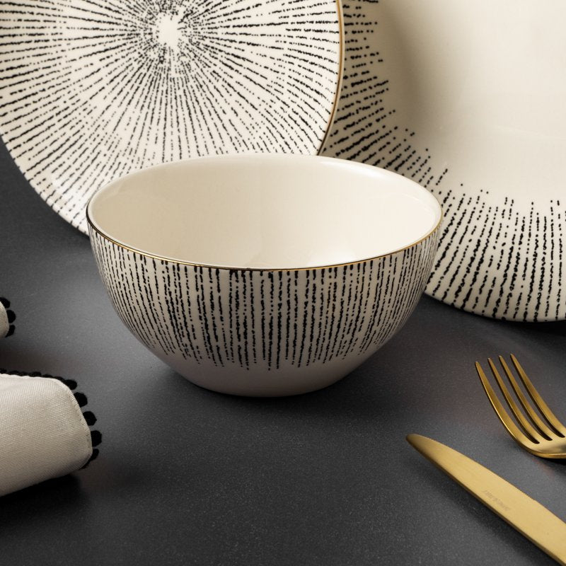 Ceramic Serving Bowl with Gold Rim - Modern Linear Design - Single