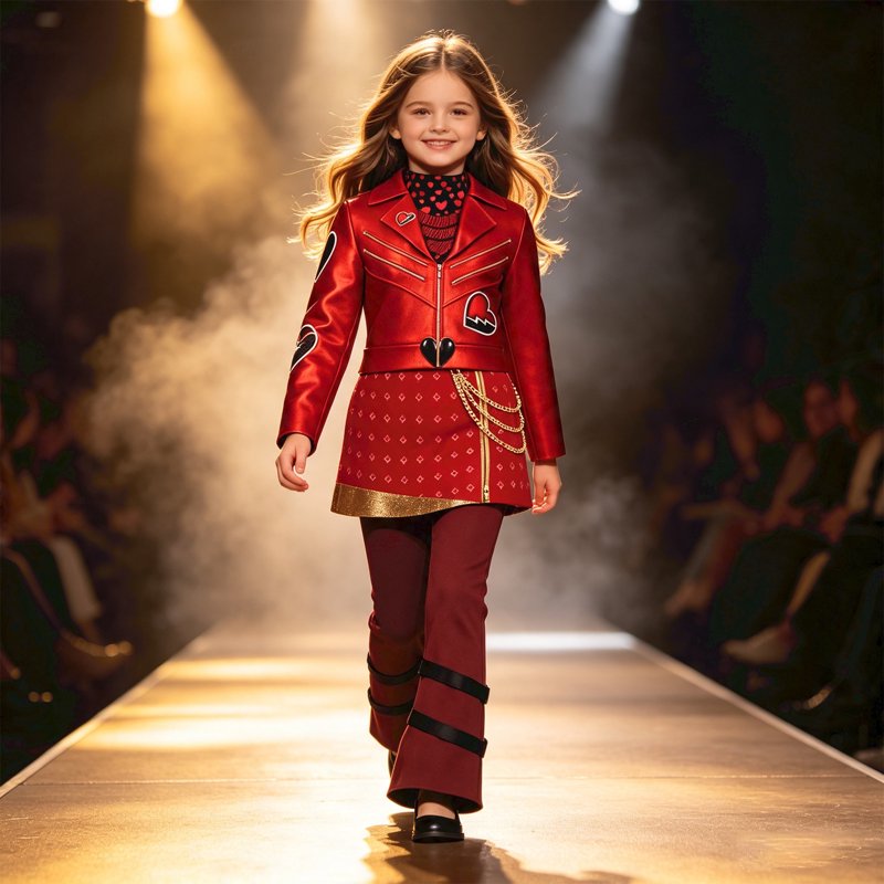 Girls Red Wonderland Costume Set with Heart Graphic Jacket Skirt & Leggings - Wine, 11-12Y
