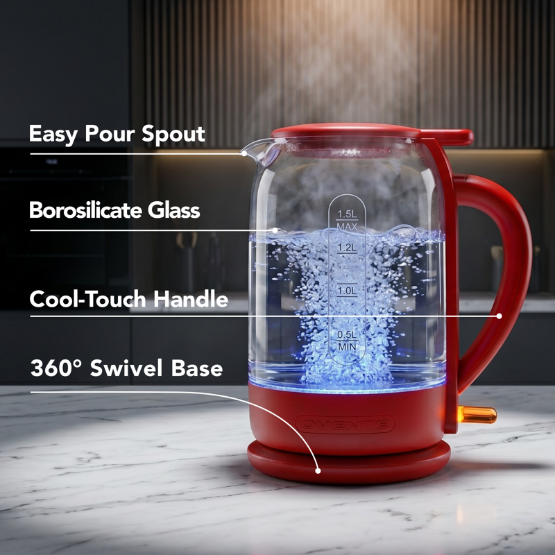 1.5L Electric Glass Kettle - Fast Boiling, Red