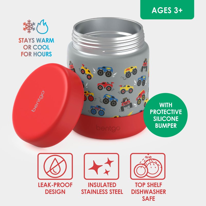 Stainless Steel Food Jar for Kids - 11 oz Leak-Proof Container, Trucks