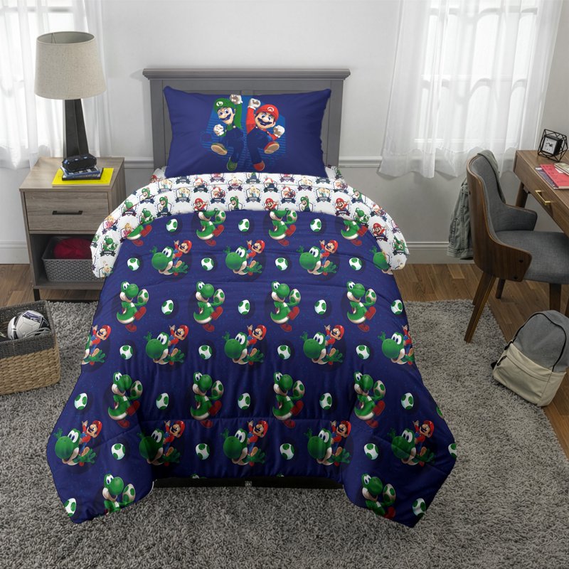 Full Size Reversible Kids Comforter Set with Pillowcase & Sheets - Super Mario Galaxy