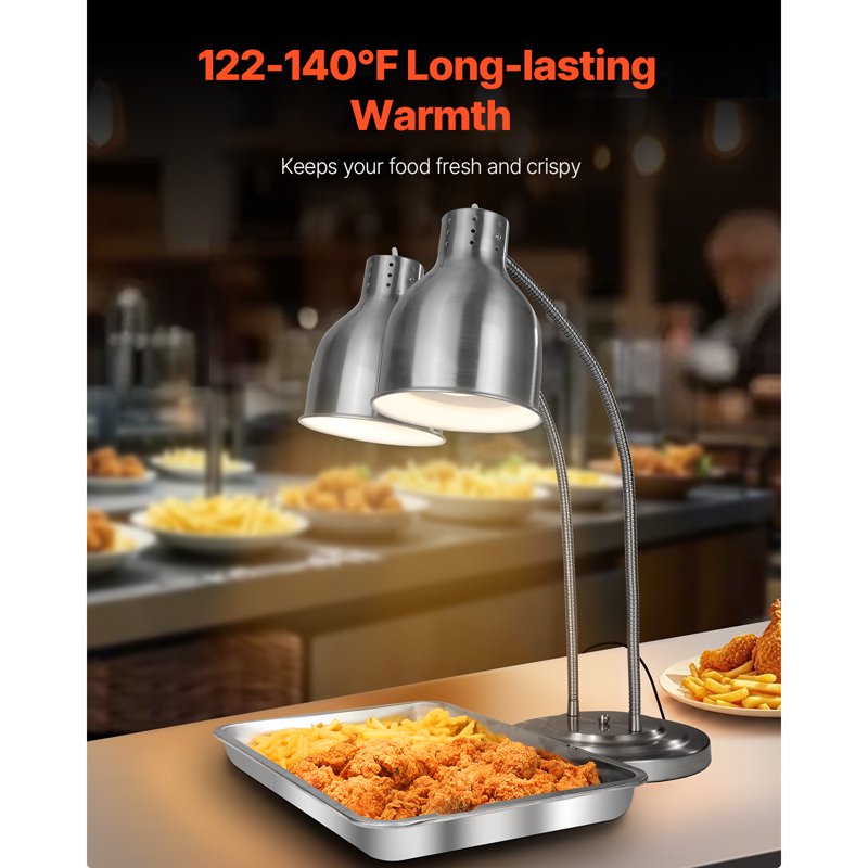 500W Food Warming Lamp - Dual-Head Stainless Steel Heat Lamp