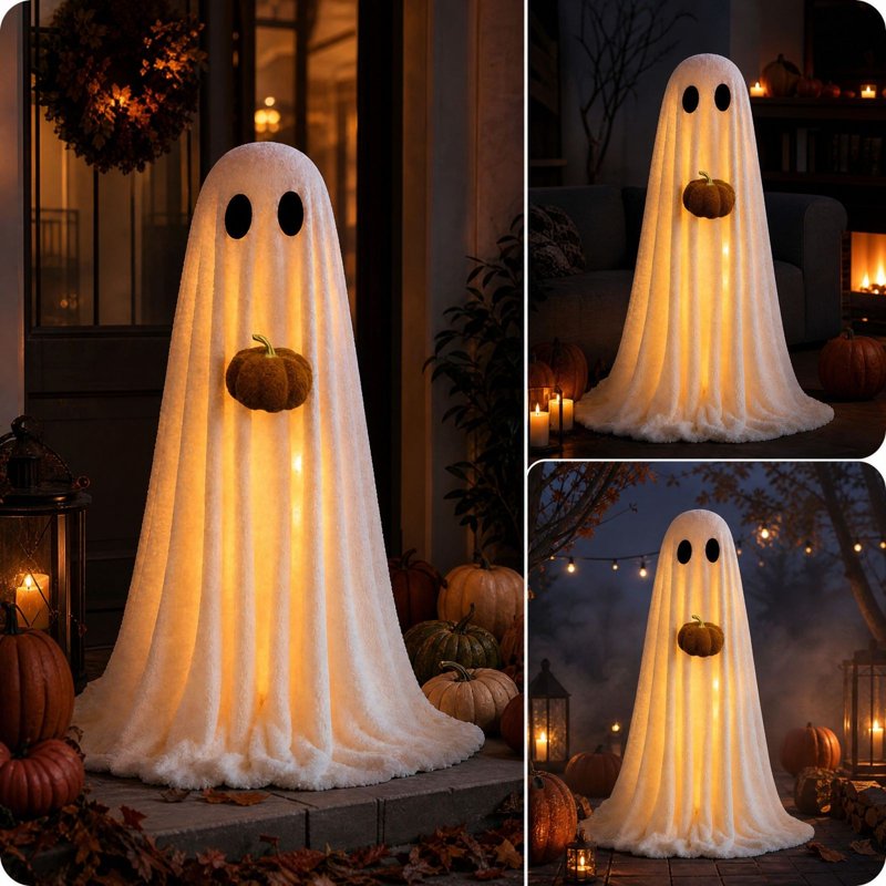 Lighted Ghost Prop Standing Halloween Decoration with Pumpkin, Adjustable Tripod, White, 3.6FT