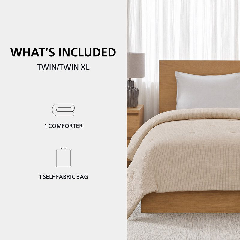 Twin-XL Reversible Down Alternative Comforter - All-Season Beige Seersucker