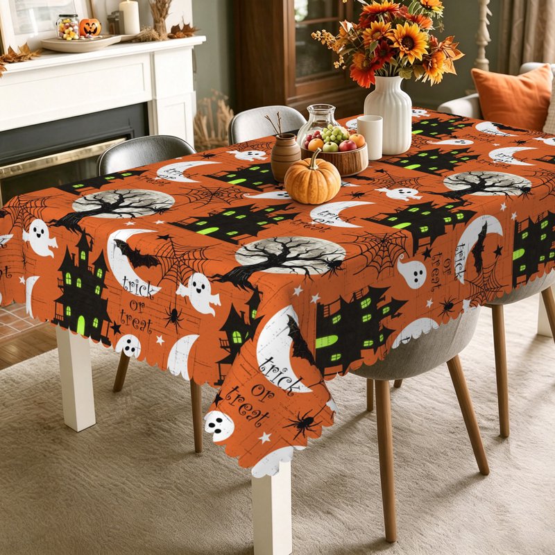 Halloween Orange Tablecloth with Ghost Bat Castle Design - 54x72 Inch, Holiday Party Decor