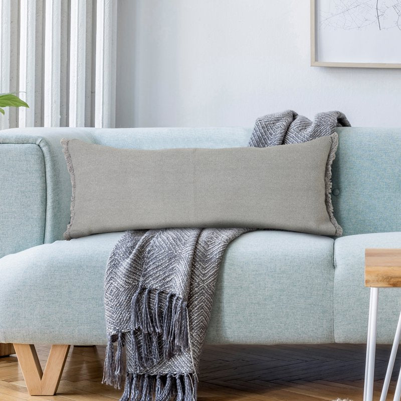 Ox Bay Nellie 14x36 Inch Gray Solid Cotton Throw Pillow with Fringe - Decorative Lumbar Accent