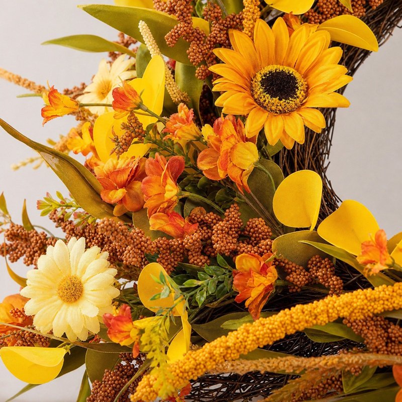 Fall Sunflower Dried Grass Wreath for Front Door Wall Decor, Harvest Garland - 17.7in