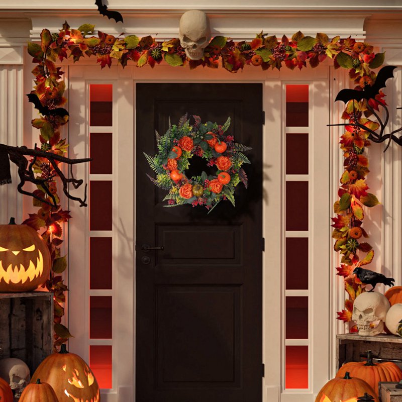 Fall Wreath for Front Door - 17.7in Halloween Autumn Decor with Pumpkins and Berries