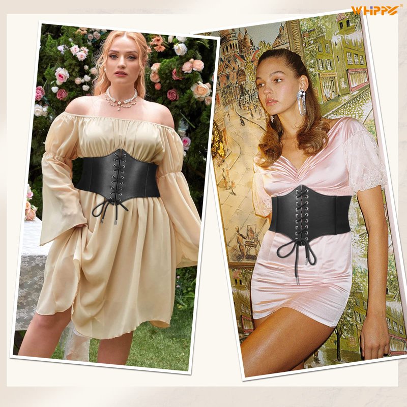 Women Lace-up Corset Waist Belt - Elastic Wide Belt for Dresses - Black, Fit 26-30"
