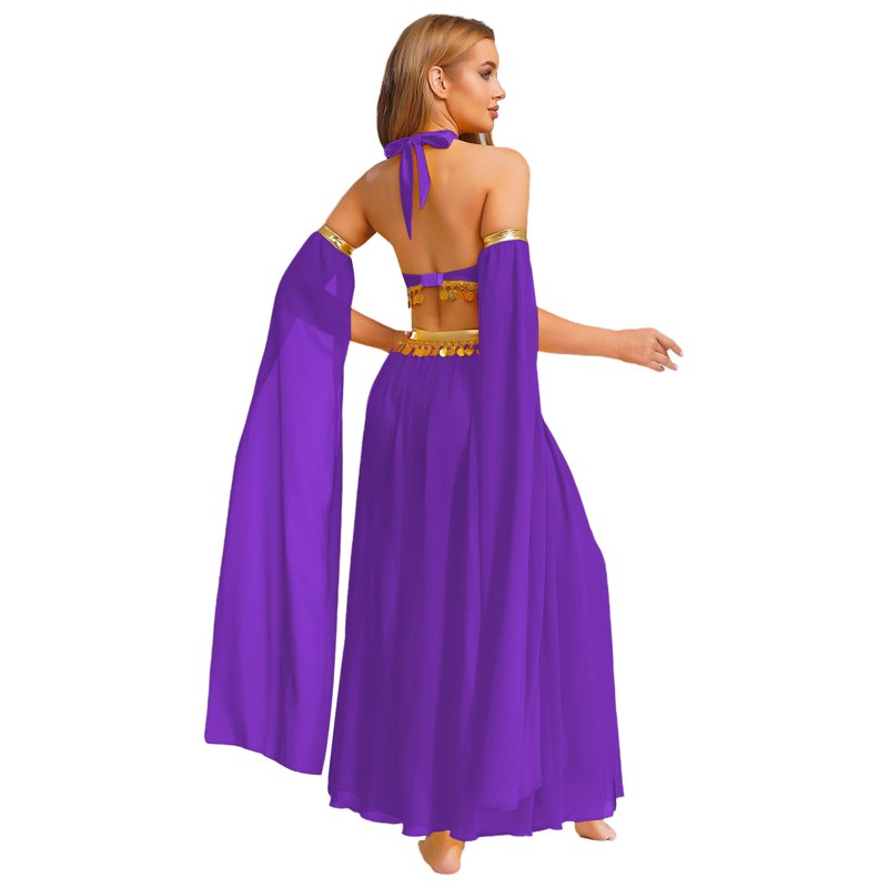 Women's Belly Dance Costume Set - Chiffon Skirt Purple XXL with Crop Top & Sleeves