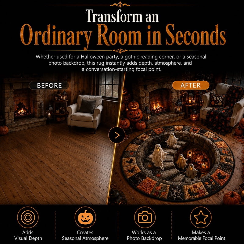 Halloween Optical Illusion Round Doormat 15.7x15.7in Scenic Staircase Rug with Ghosts and Pumpkins - OVFUIZ Variation 01