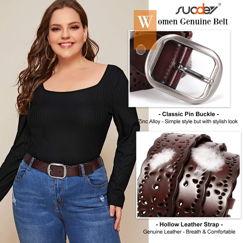 Women Leather Belt with Hollow Flower Design for Waist 51-57 Inches - Coffee Variation