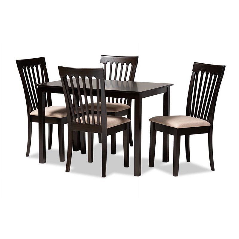 5-Piece Dining Set - Sand Fabric Upholstered with Espresso Brown Wood