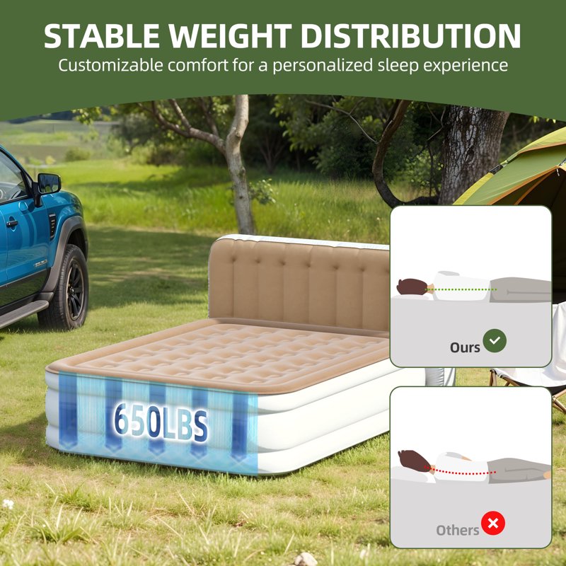 Brown Queen Air Mattress with Pump & Built-In Headboard - Inflatable Bed for Home & Guests