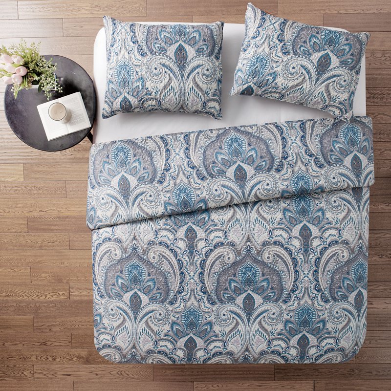 King Damask Quilt Set with Shams - Microfiber Bedding, Blue Beige Grey