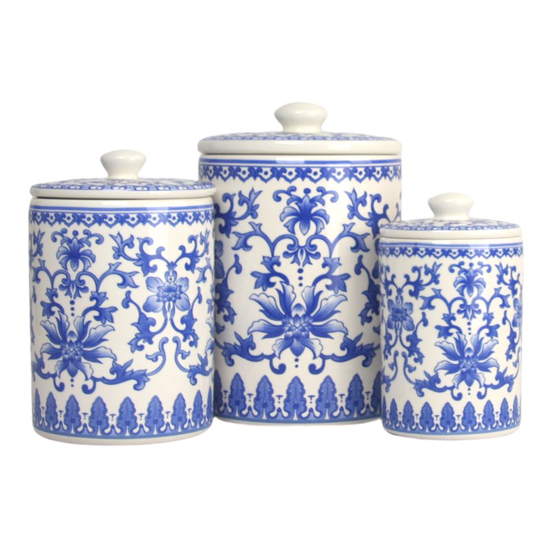 Chinoiserie 3-Piece Ceramic Canister Set - White & Blue