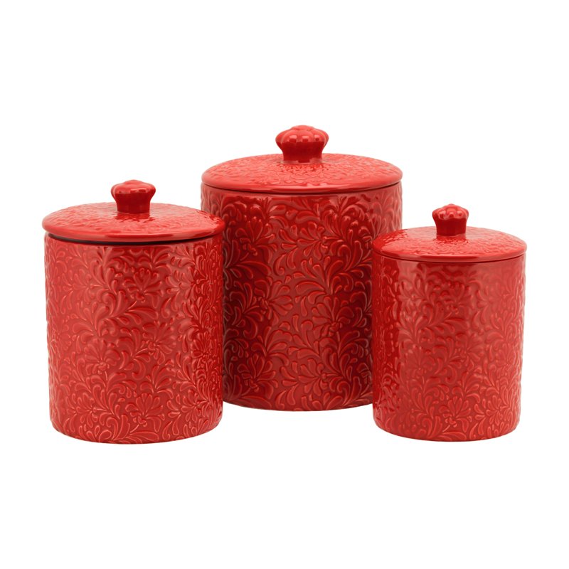 Fleur Embossed 3-Piece Ceramic Canister Set - Red
