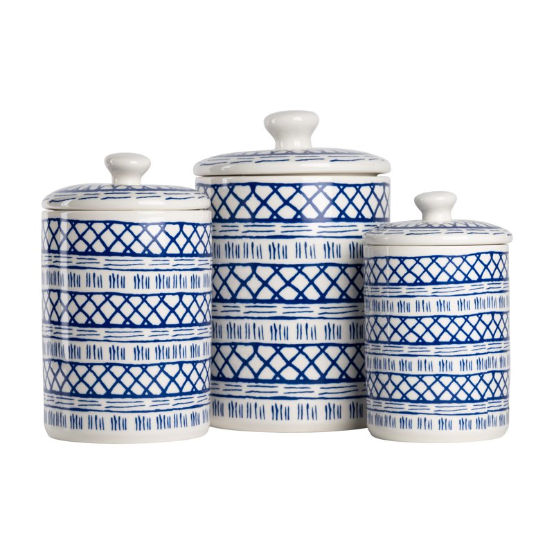 Ceramic Canister Set - 3 Pieces with Bamboo Lids - White & Blue