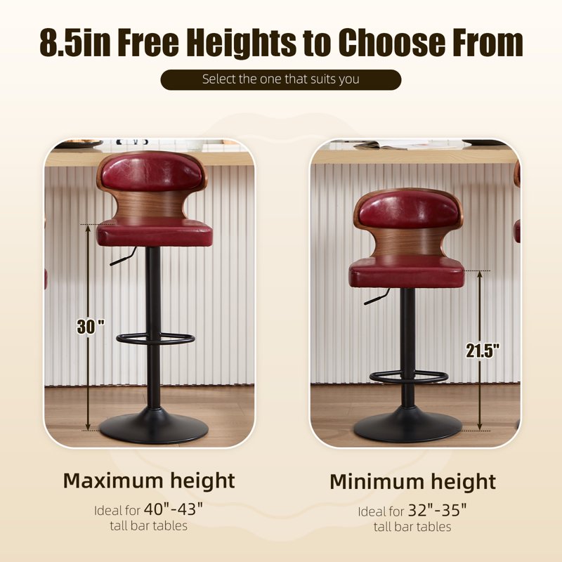 Swivel Bar Stools Set of 2 - Wooden Kitchen Chairs with Back, Wine Red
