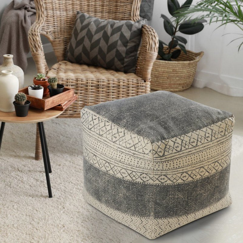 Gray/Beige Medium Tribal Indoor Square Pouf 20x20 Inch - Handcrafted Geometric Footstool