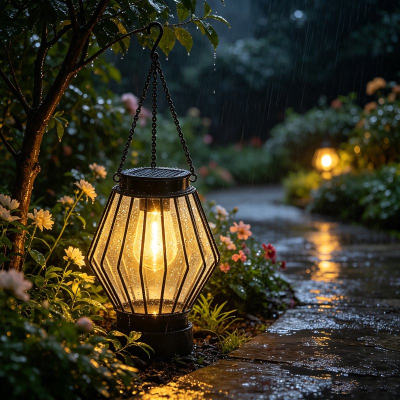 Solar Powered Geometric Metal Hanging Lantern T Variation T Outdoor Patio Light