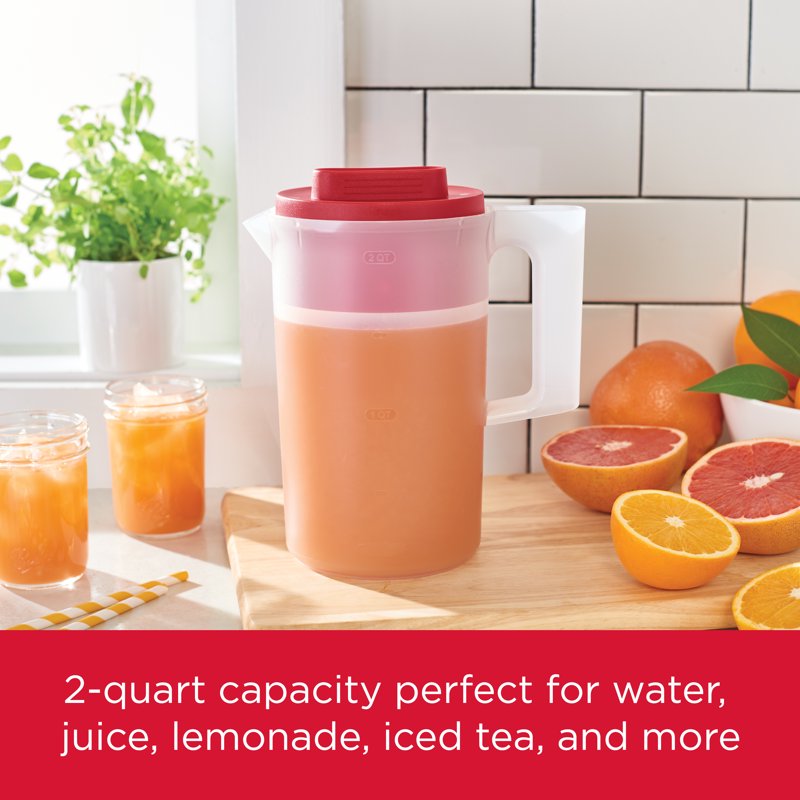 2 Pack Plastic Pitcher - Clear/Red, 2 Quart with Multi-Position Lid