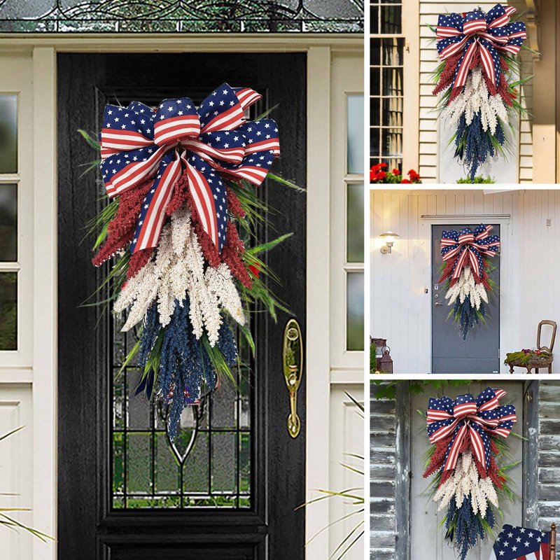 Patriotic 4th of July Wreath G - Red White Blue Independence Day Front Door Decor