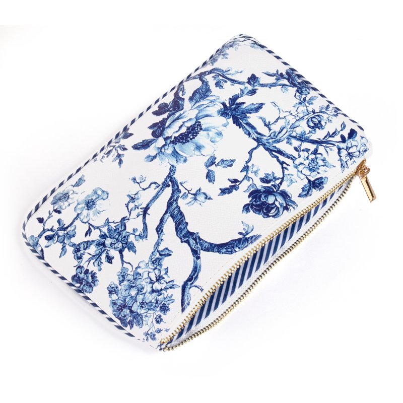 Blue Toile Large Zipper Pouch - Chic Organizer for Travel & Essentials
