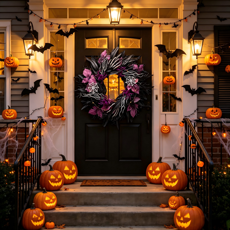 Halloween Black and Purple Wreath with Spider Web & LED Lights - 21.6 Inch Indoor/Outdoor Door Wall Decor