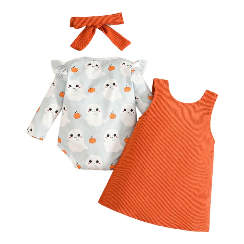 Halloween Baby Girl Outfit A13-Orange Ruffle Romper & Overalls Set - 0-3 Months