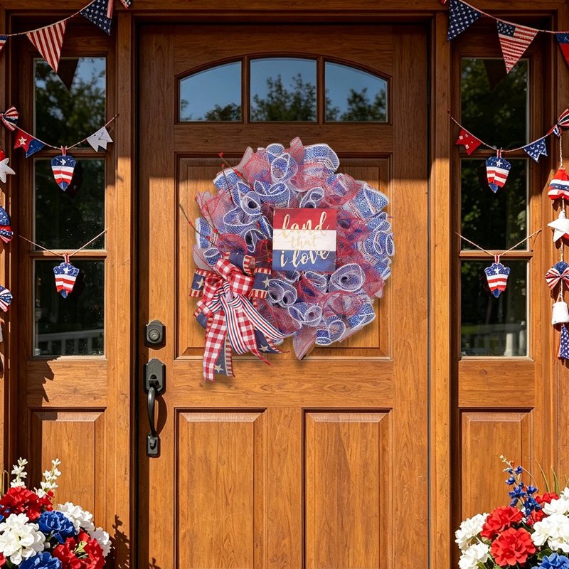 Patriotic 4th of July Wreath - Red White Blue Flag Garland Indoor Outdoor Decor Z0F