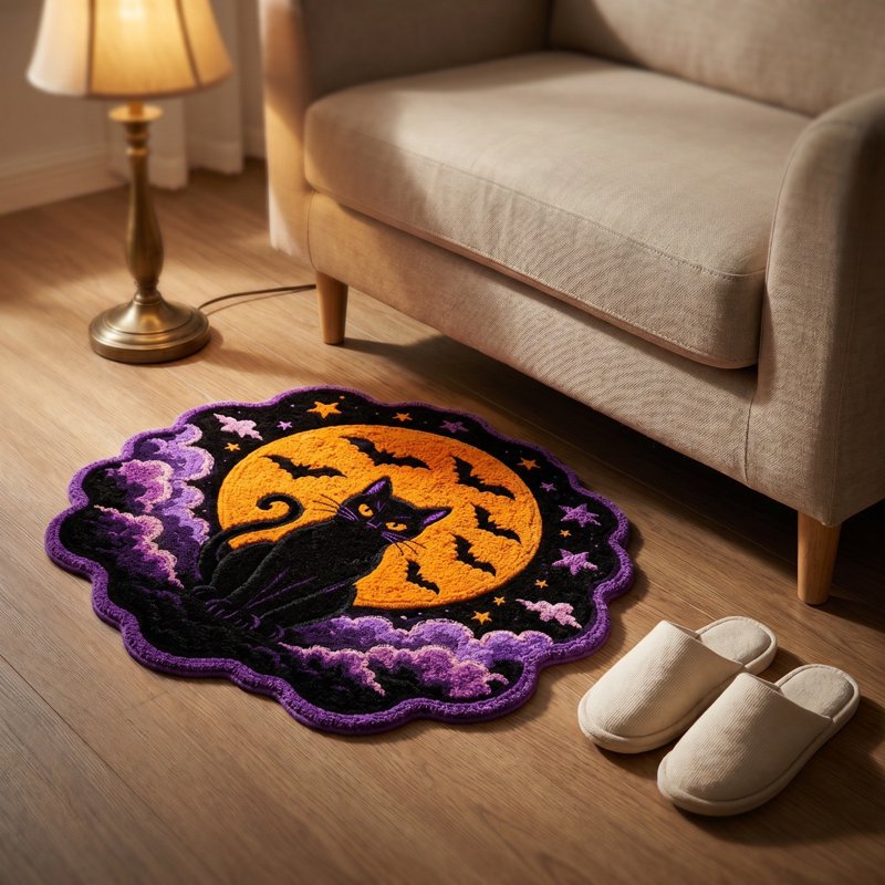 Halloween Wreath Shaped Rug - Indoor Mat for Entryway, Kitchen, Halloween Party - Pumpkin Witch Ghost - Variation A