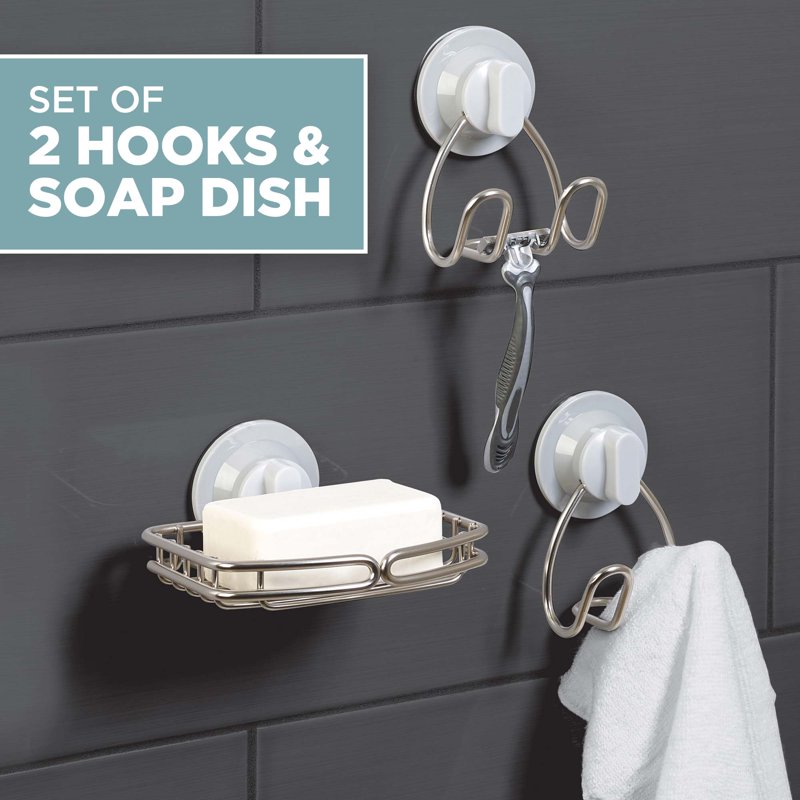 Rustproof Stainless Steel Soap Dish & 2 Storage Hooks Set - Adhesive or Suction Mount
