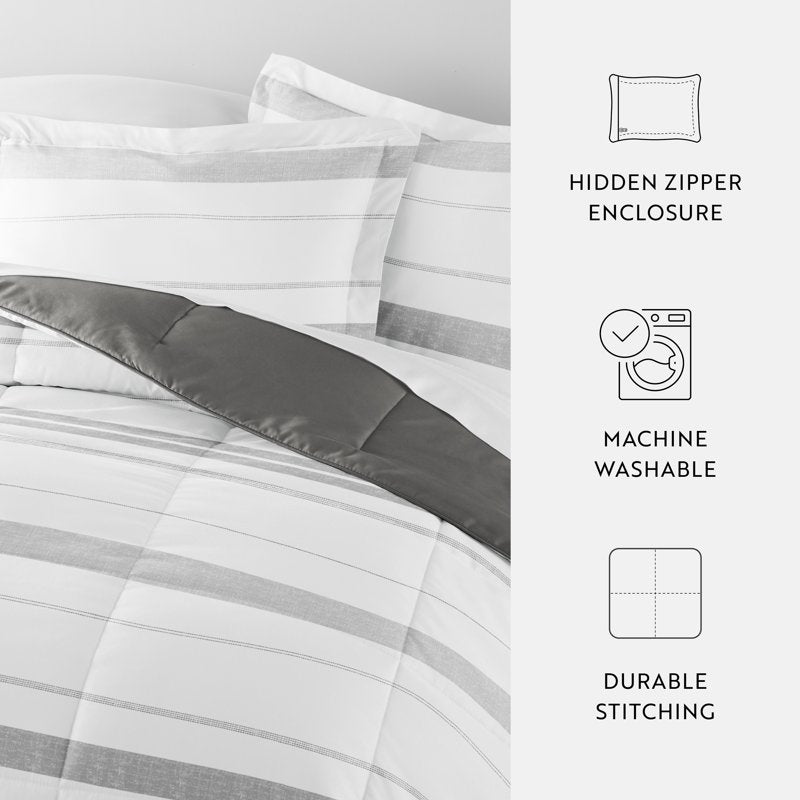 Gray Reversible Comforter Set with Down Alternative Fill - Full/Queen