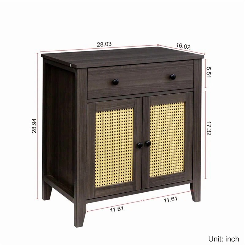 Rattan End Table & Storage Cabinet with Drawer - Walnut