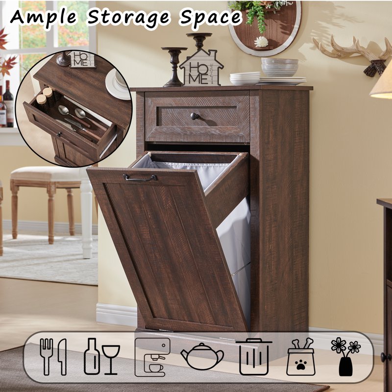 Tilt Out Trash Can Cabinet - 10 Gallon Wooden with Drawer - Brown