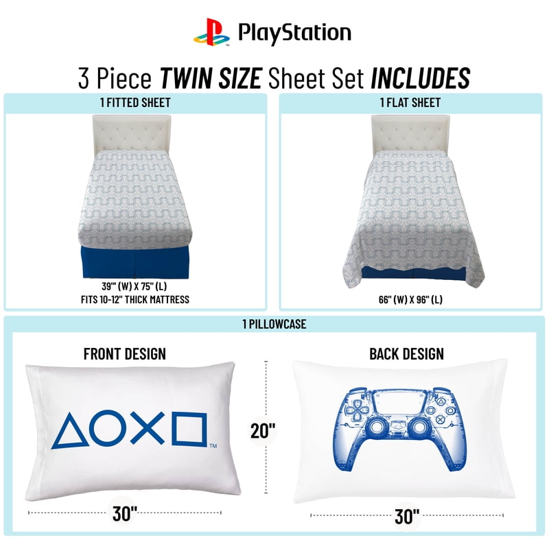 PlayStation Kids Twin Bed Sheet Set - 3-Piece White Microfiber Bedding