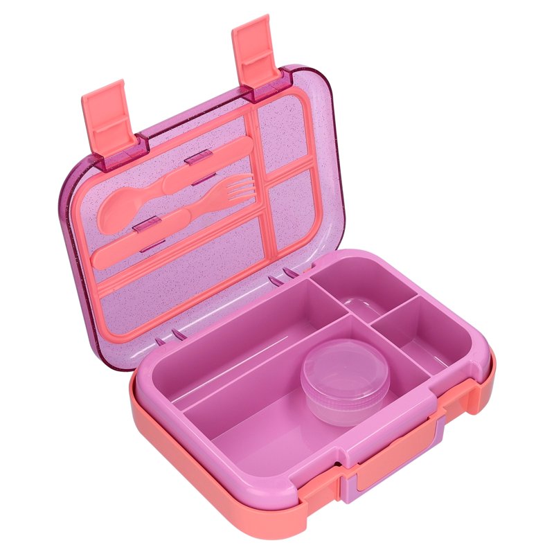 Kids Bento Box with 4 Compartments, Fork & Spoon - Pink Glitter