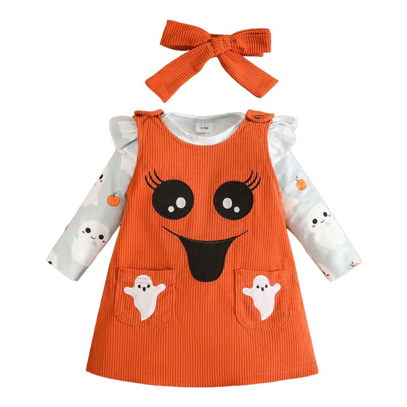 Halloween Baby Girl Outfit A13-Orange Ruffle Romper & Overalls Set - 0-3 Months