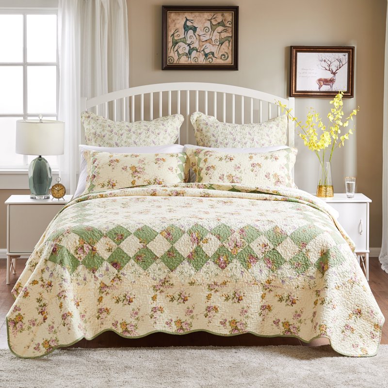 King Size Cotton Patchwork Quilt Set - 3-Piece Authentic Bed Cover