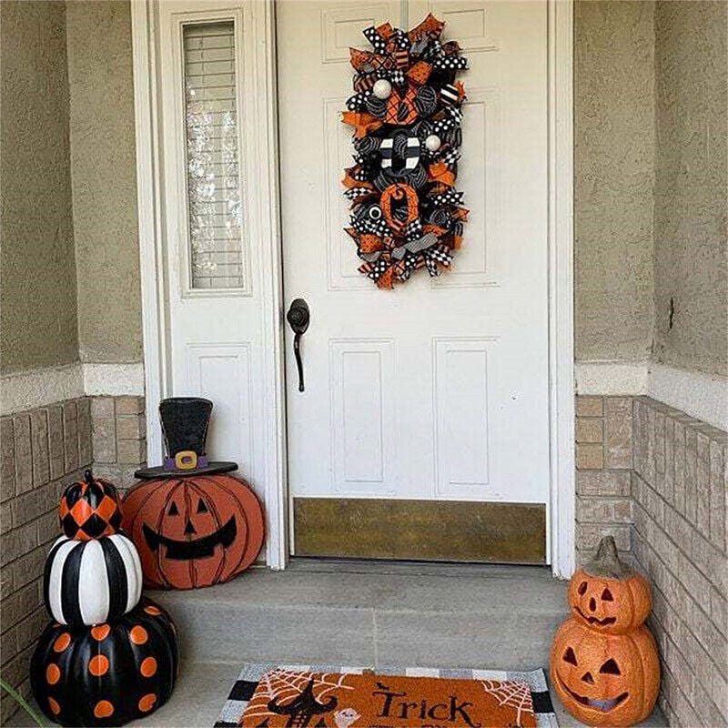 Halloween Wreath for Front Door, Spooky Pumpkin Welcome Decor, Hanging Halloween Party Sign